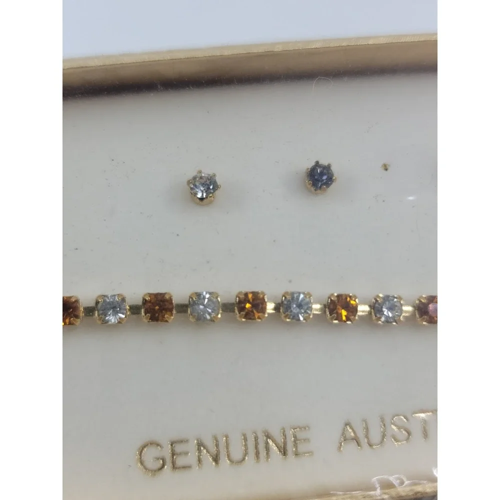 Austrian Crystal Bracelet & Earring Set Yellow And White Gold Tone 7.5